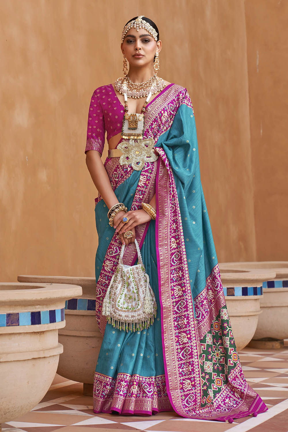 Soft Blue Banarasi Patola With Contrast Ekat Border and Pallu