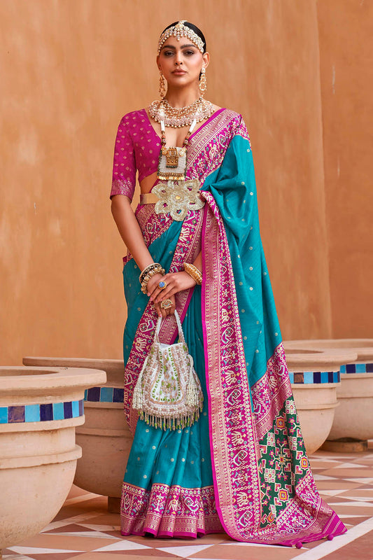 Soft Blue Banarasi Patola With Contrast Ekat Border and Pallu