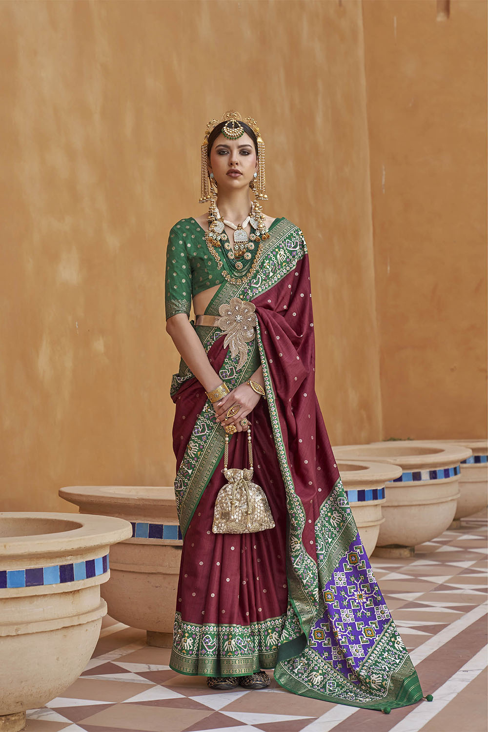 Brunette with Green Banarasi Patola With Contrast Ekat Border and Pallu