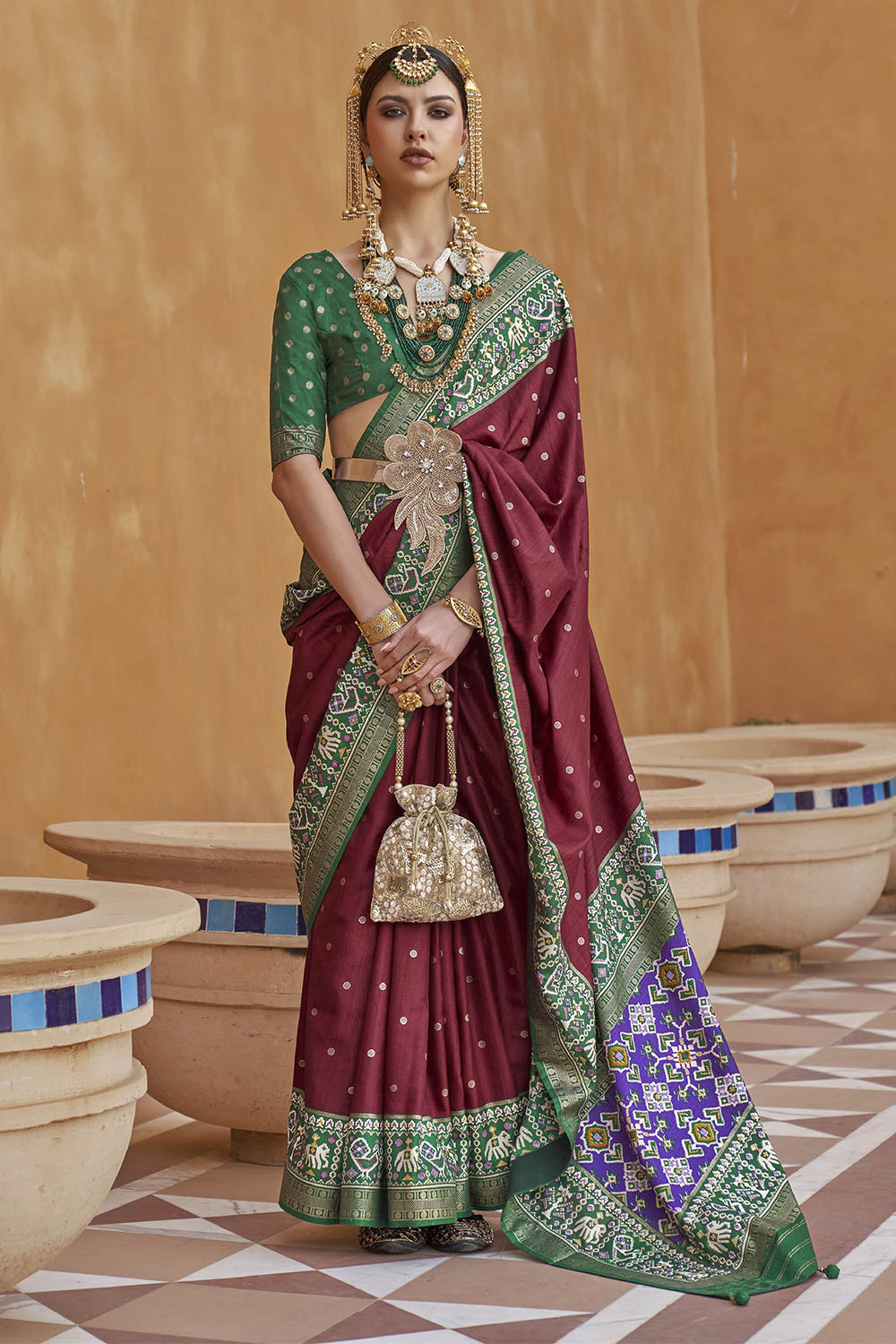 Brunette with Green Banarasi Patola With Contrast Ekat Border and Pallu