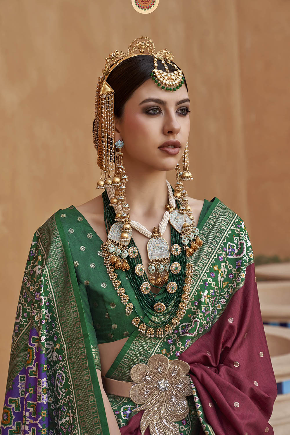 Brunette with Green Banarasi Patola With Contrast Ekat Border and Pallu