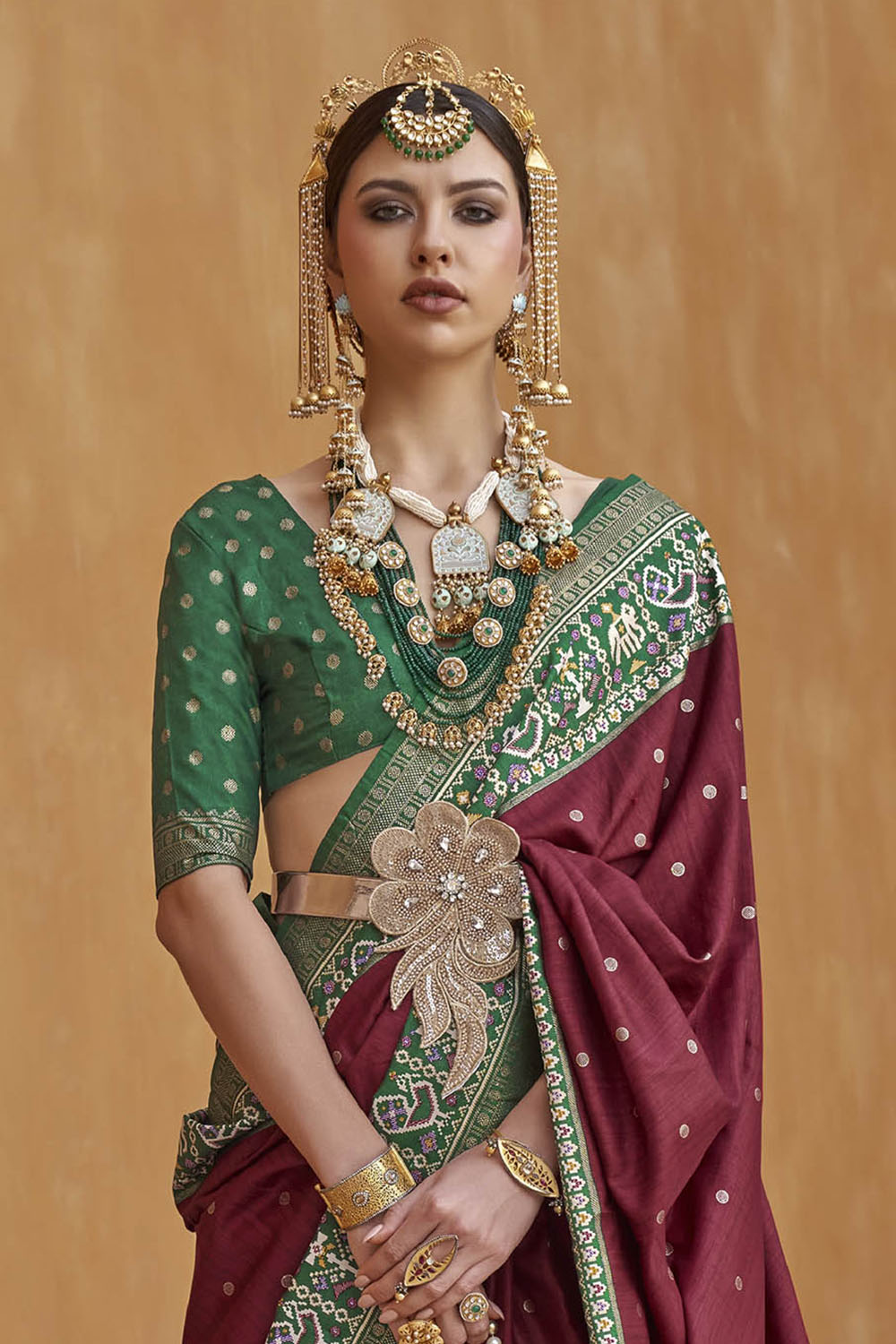 Brunette with Green Banarasi Patola With Contrast Ekat Border and Pallu