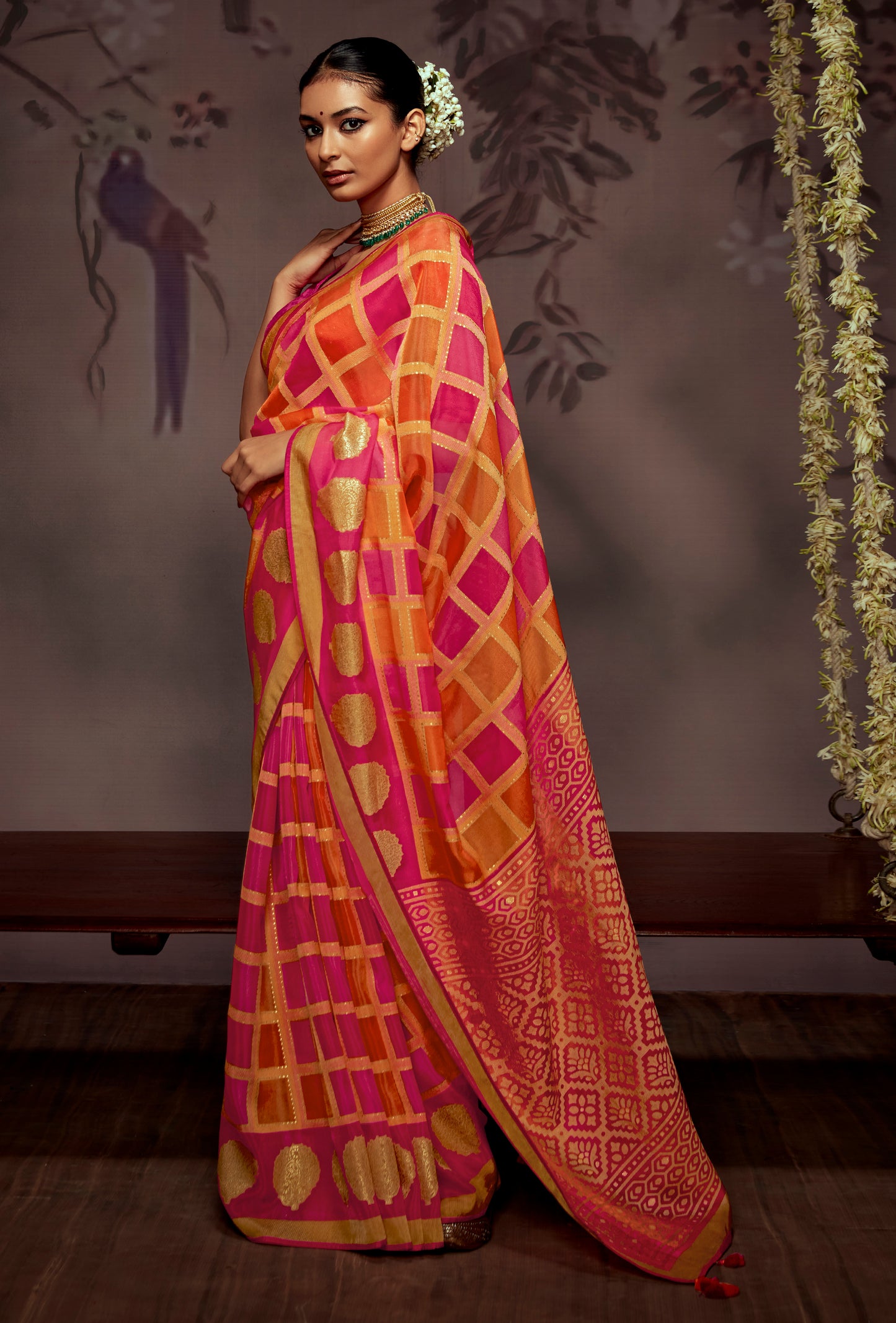 Yellow Pink Checks Designer Soft Organza Saree with Zari Border