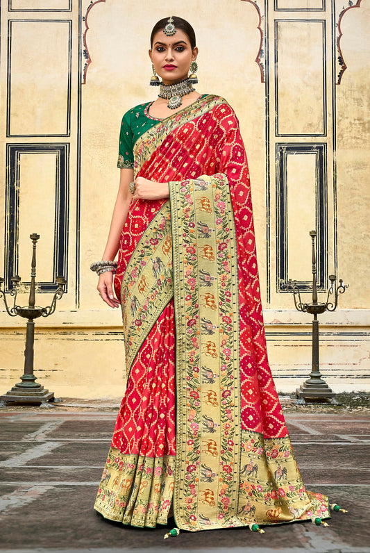 Red Rangkaat Designer Bandhani Saree with Skirt Bordered Woven Paithani Design on Border