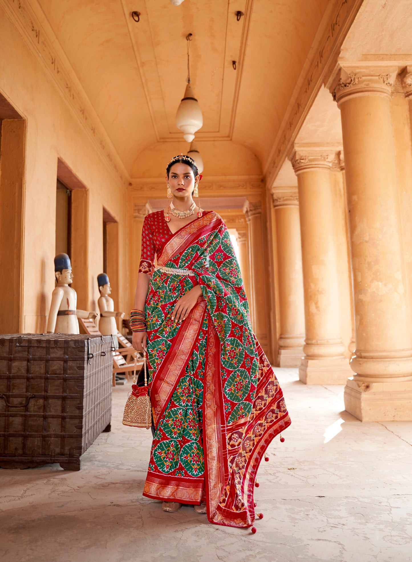 Stunning Green Navratna Patola Style Saree with Tessles