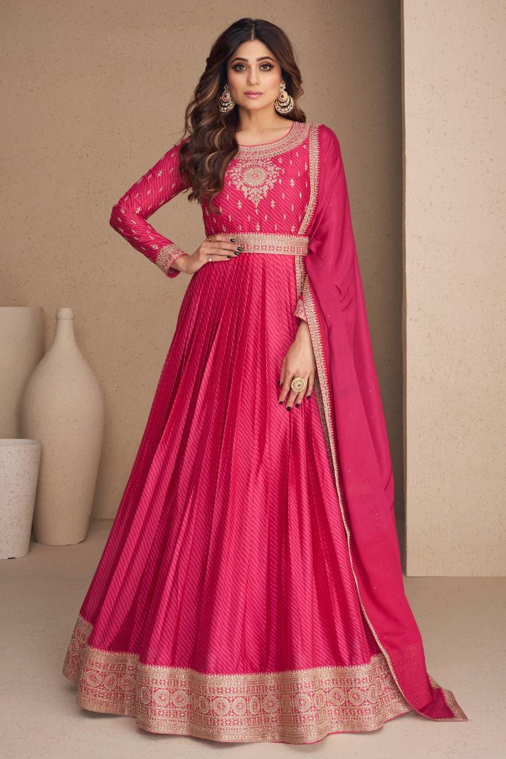 Rani Pink Soft Silk Floor Length Anarkali Suit with Dupatta