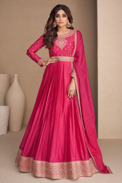 Rani Pink Soft Silk Floor Length Anarkali Suit with Dupatta