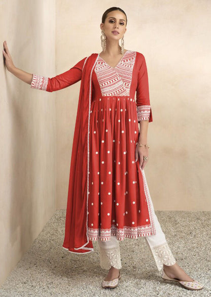 Brick Red Chikankari Inspired Suit with White Pants and Dupatta