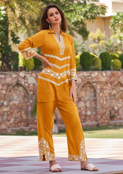 Ochre Yellow Chikankari Stylish Pant Suit in Rayon Cotton