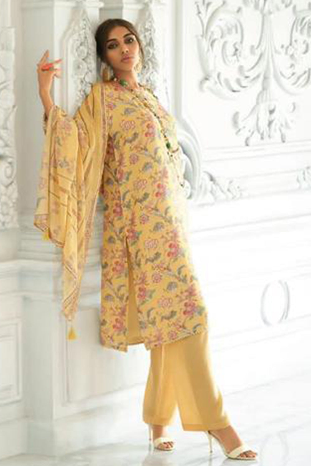 Yellow Floral Printed Pure Muslin Salwar Suit For Woman