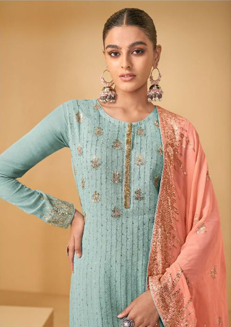 Light Blue Soft Georgette Sharara Suit Set with Contrast Dupatta