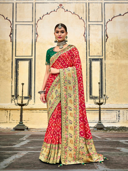 Red Rangkaat Designer Bandhani Saree with Skirt Bordered Woven Paithani Design on Border