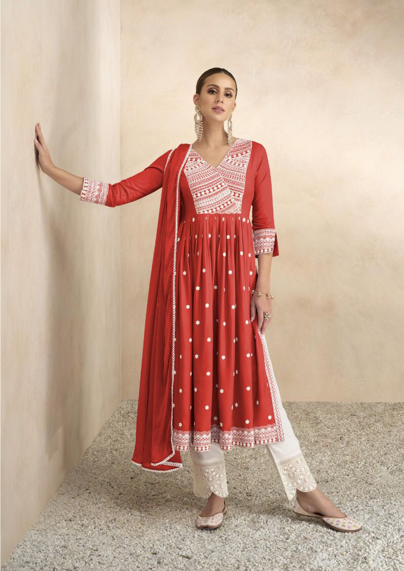 Brick Red Chikankari Inspired Suit with White Pants and Dupatta