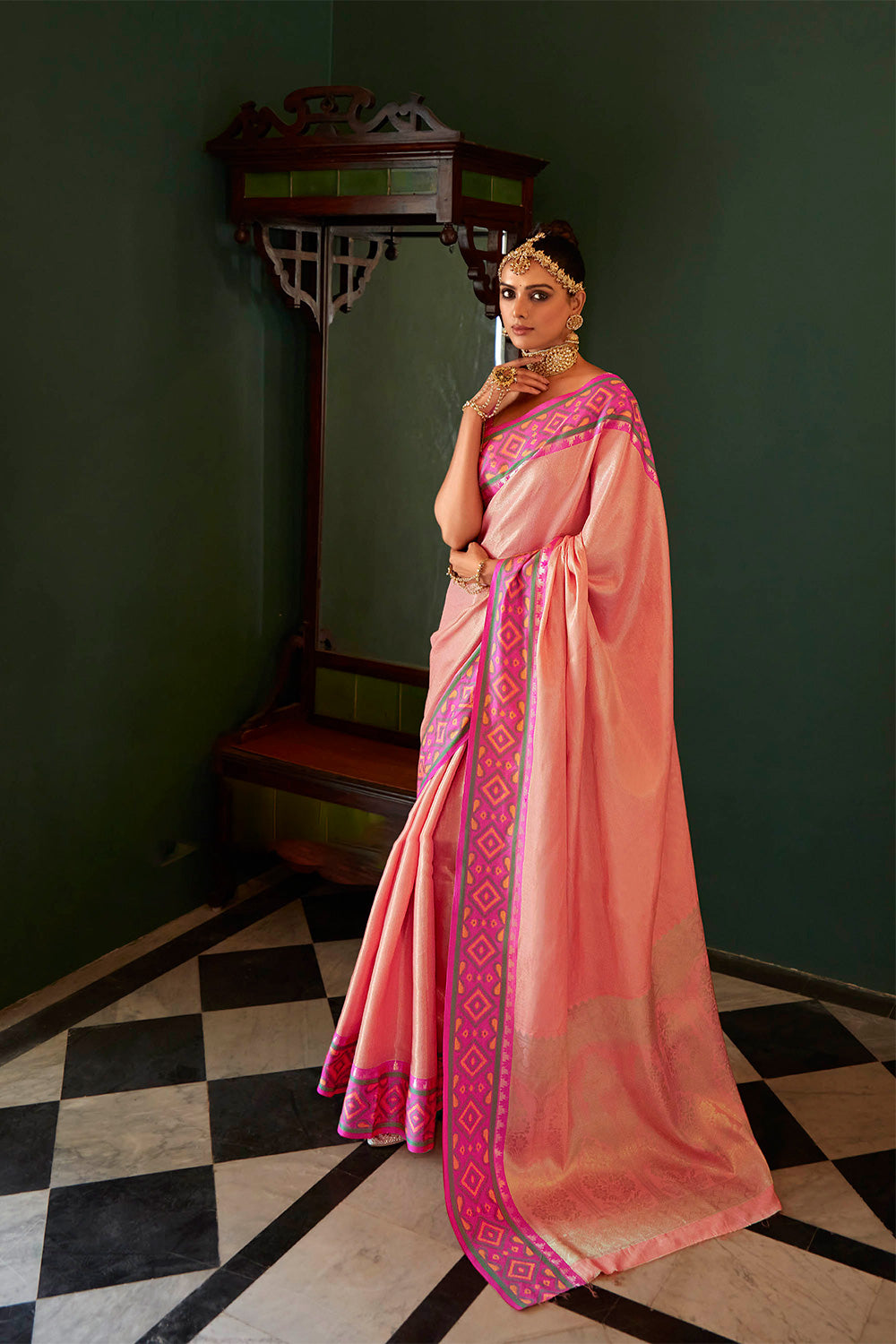 Floral Peach Soft Kanjivaram Style Saree with Ekat Woven Border