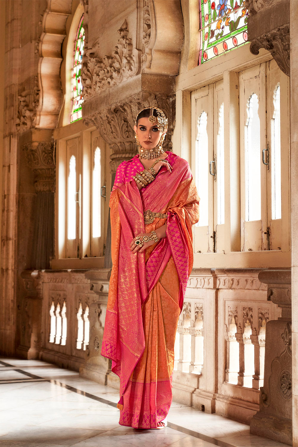 Orange Designer Kanjeevaram Style Trendy Bollywood Saree with Beautiful Blouse