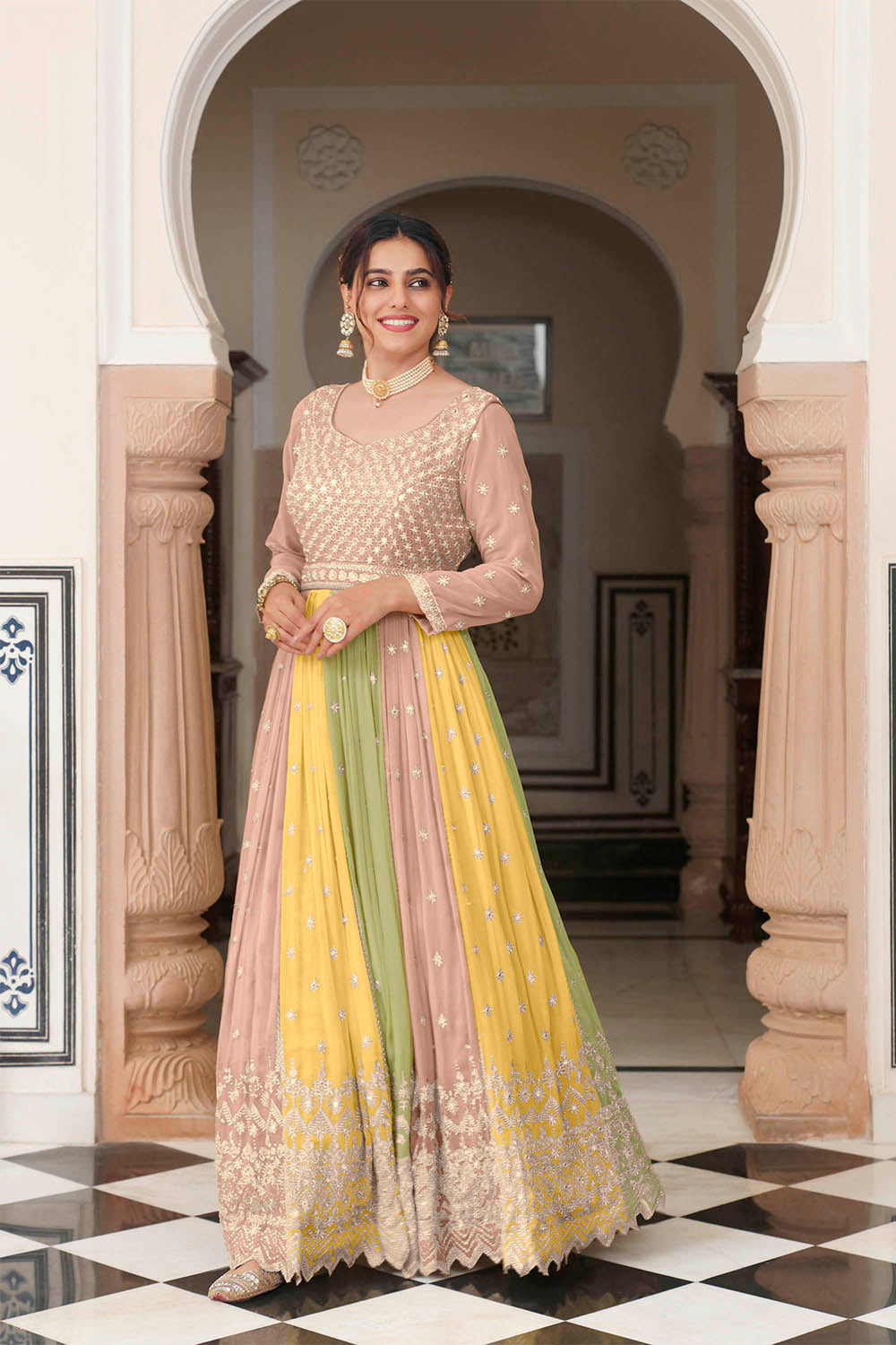 Multicoloured Anarkali Style Long Dress with Dupatta