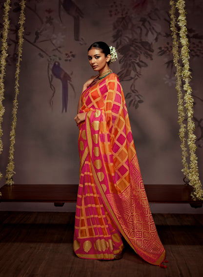 Yellow Pink Checks Designer Soft Organza Saree with Zari Border