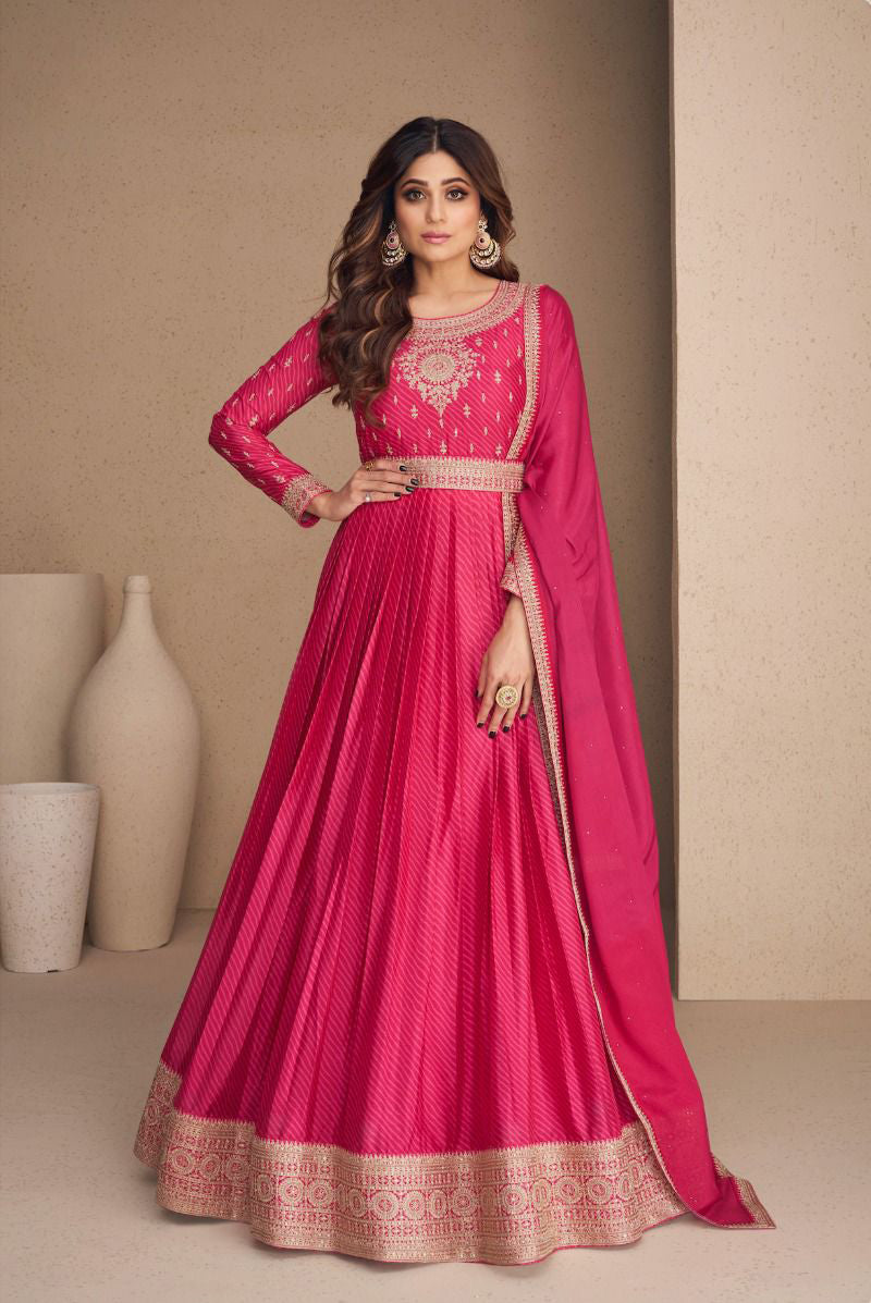 Rani Pink Soft Silk Floor Length Anarkali Suit with Dupatta