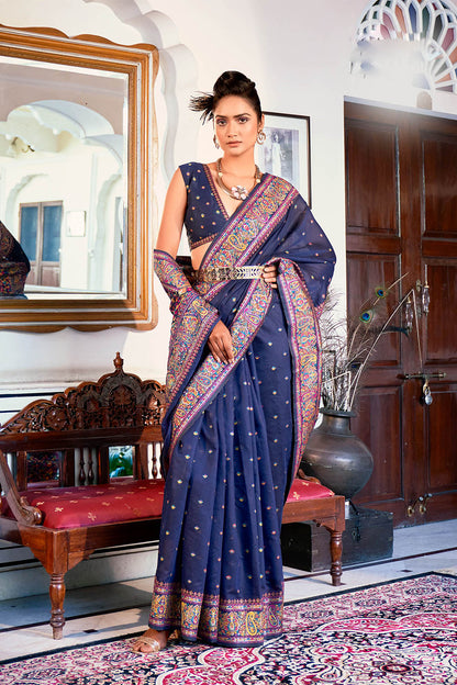 French Blue Pure Handloom Modal Weaving Silk Kashmiri Kani Saree