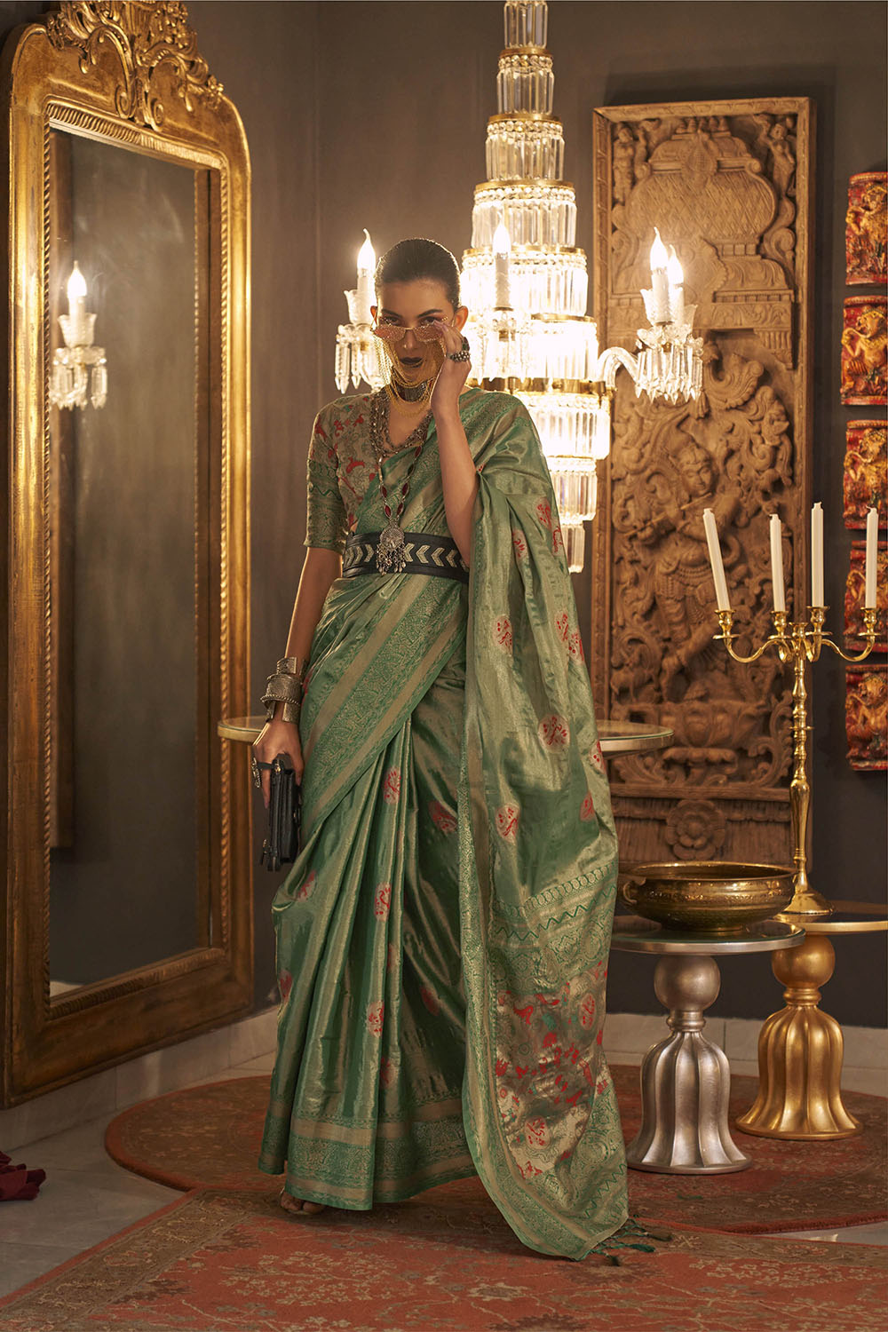 Zari Green Soft Banarasi Silk with Menakari Butti and Khimkhab Style Blouse