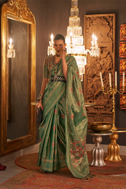 Zari Green Soft Banarasi Silk with Menakari Butti and Khimkhab Style Blouse