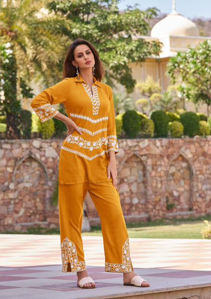 Ochre Yellow Chikankari Stylish Pant Suit in Rayon Cotton