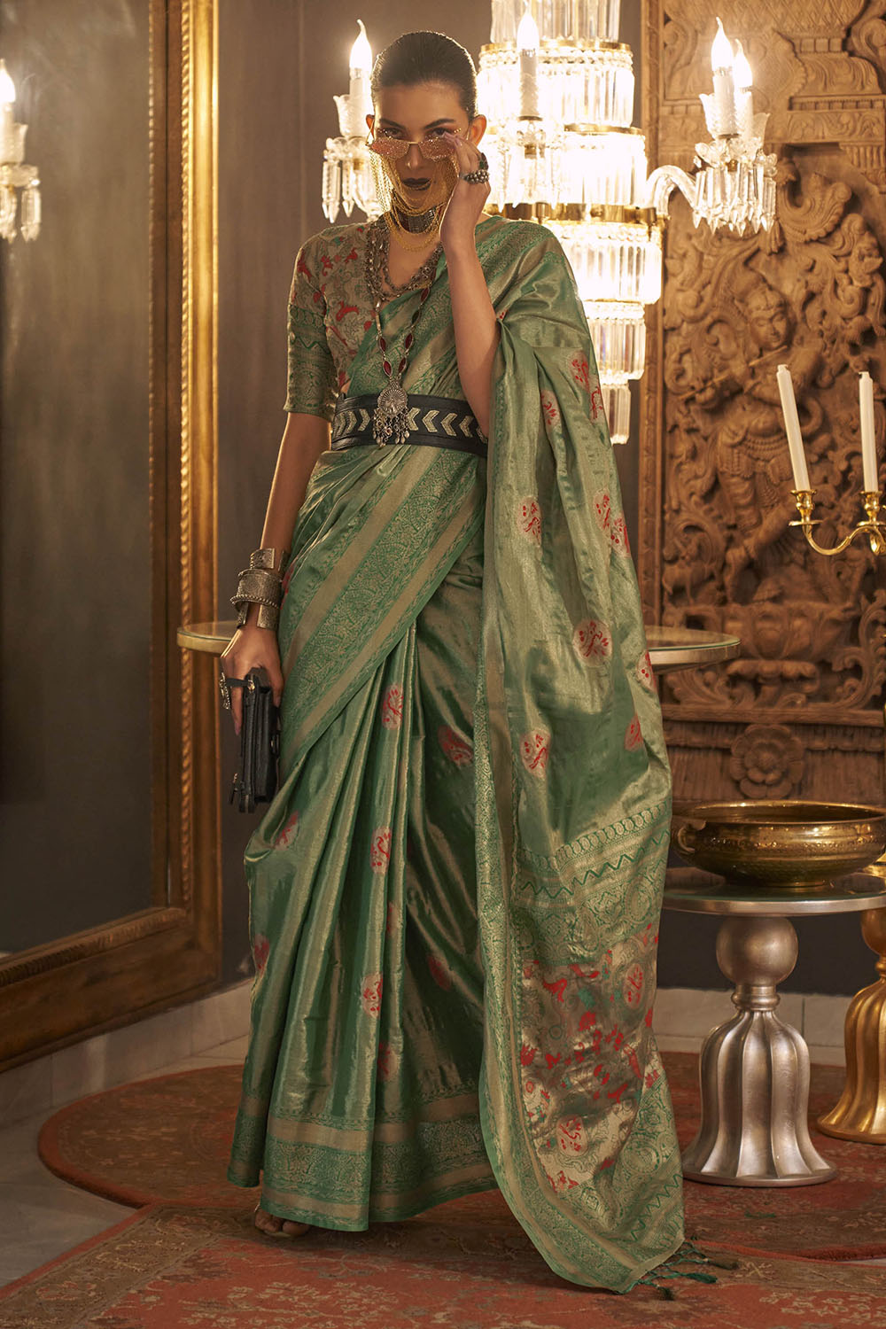Zari Green Soft Banarasi Silk with Menakari Butti and Khimkhab Style Blouse