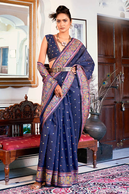 French Blue Pure Handloom Modal Weaving Silk Kashmiri Kani Saree