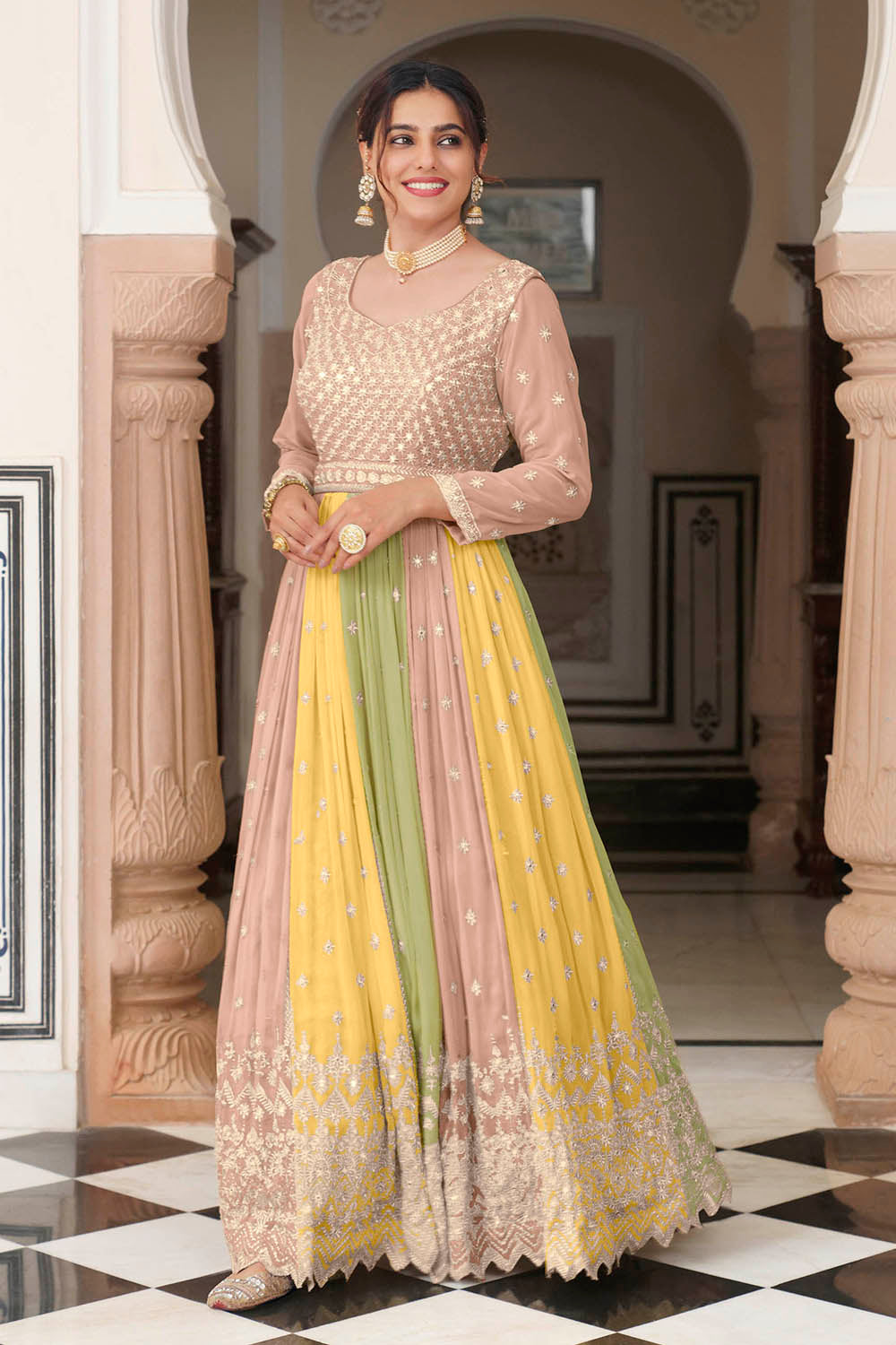 Multicoloured Anarkali Style Long Dress with Dupatta