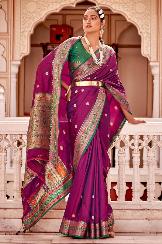 Amethyst Purple Soft Silk Paithani Saree with Contrast Banarasi Blouse