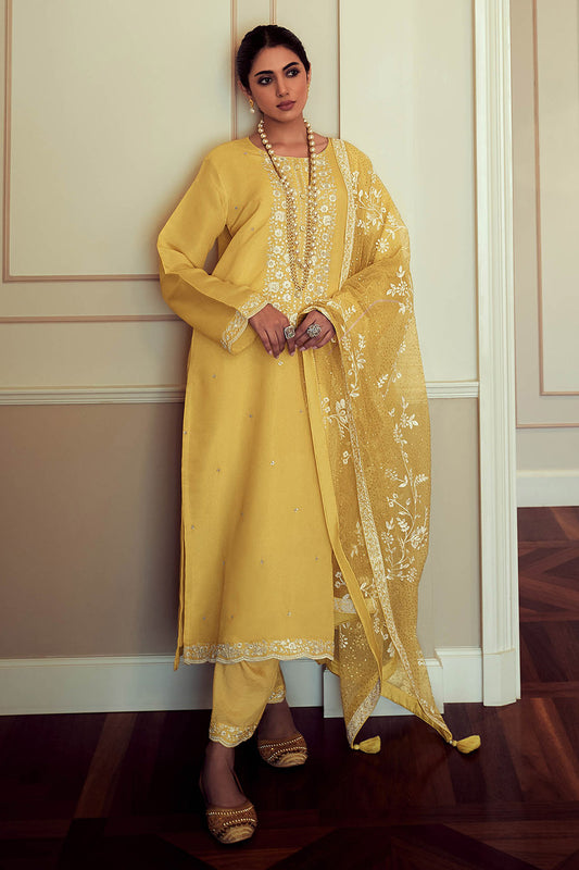 Stunning Yellow Thread Embroidered Soft Silk Salwar Suit with Dupatta