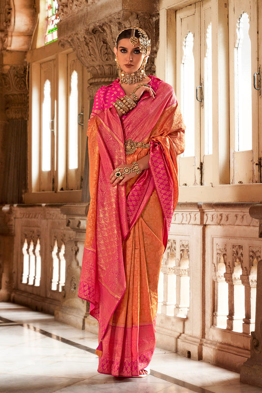 Orange Designer Kanjeevaram Style Trendy Bollywood Saree with Beautiful Blouse