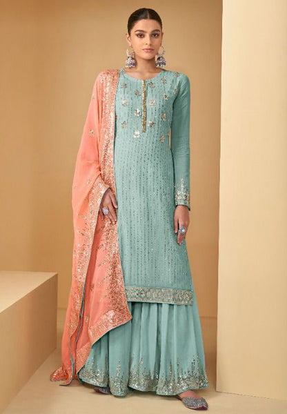 Light Blue Soft Georgette Sharara Suit Set with Contrast Dupatta