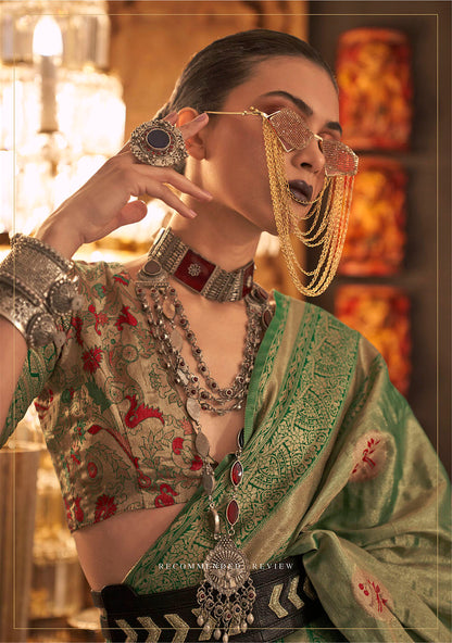 Zari Green Soft Banarasi Silk with Menakari Butti and Khimkhab Style Blouse