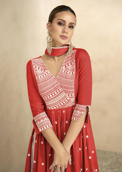 Brick Red Chikankari Inspired Suit with White Pants and Dupatta