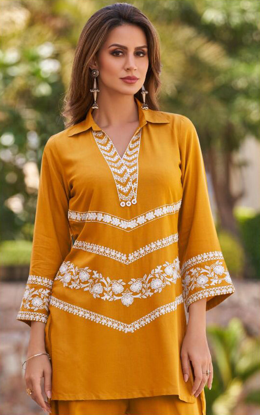 Ochre Yellow Chikankari Stylish Pant Suit in Rayon Cotton