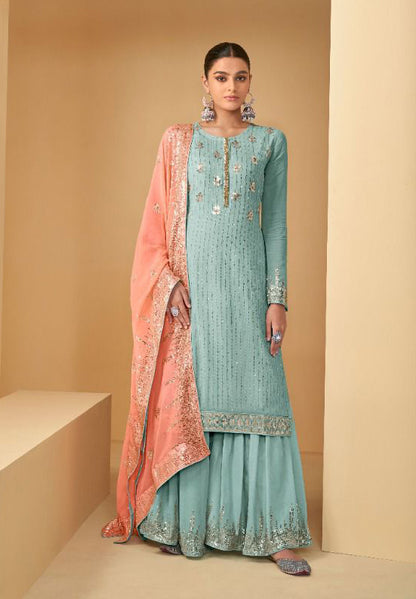 Light Blue Soft Georgette Sharara Suit Set with Contrast Dupatta