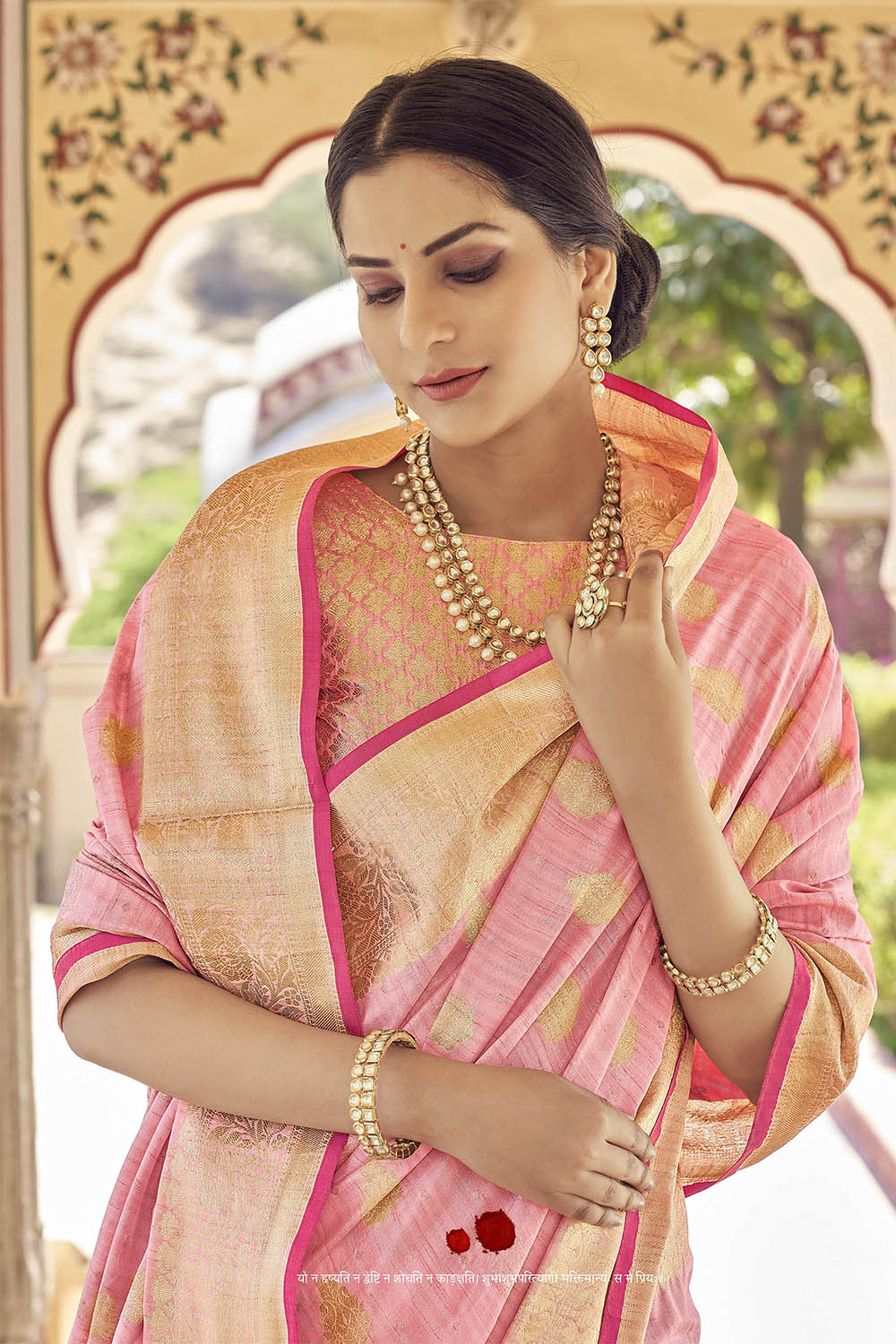 Powder Pink Designer Tussar Silk Saree Blouse for Indian Wedding Reception