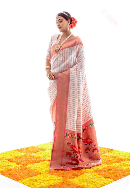 White Soft Silk Paithani Saree with Grand Paithani Pallu and Border