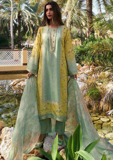 Irish Green with Yellow Muslin Cotton Designer Suit with Dupatta