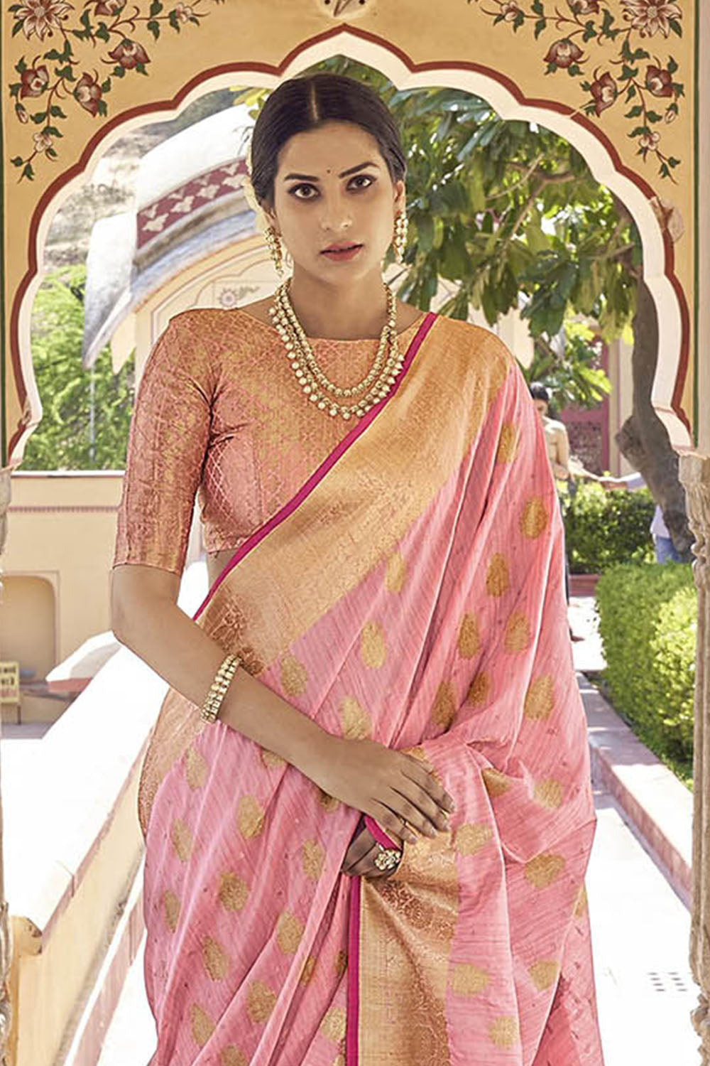 Powder Pink Designer Tussar Silk Saree Blouse for Indian Wedding Reception
