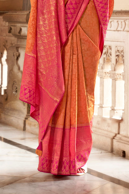 Orange Designer Kanjeevaram Style Trendy Bollywood Saree with Beautiful Blouse