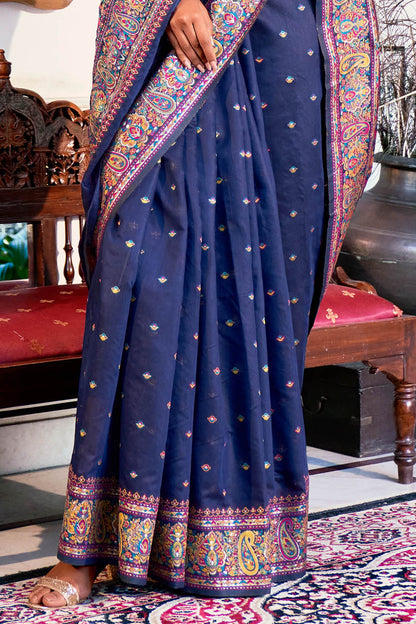 French Blue Pure Handloom Modal Weaving Silk Kashmiri Kani Saree