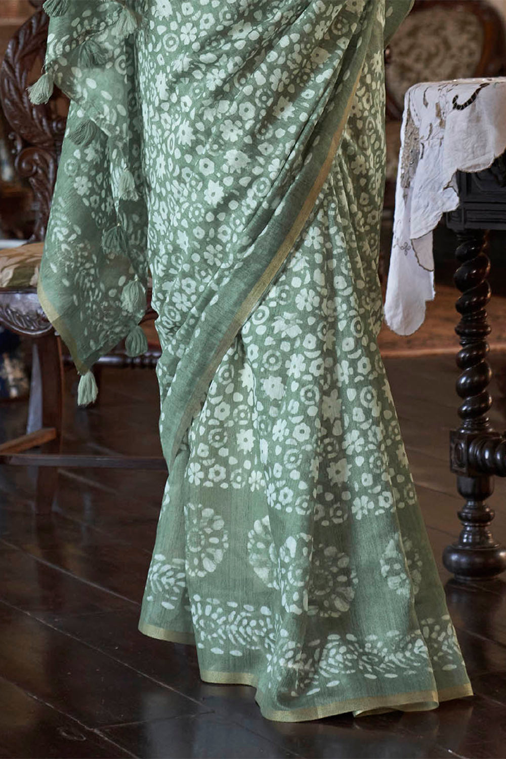 Moss Green Batik Printed Soft Linen Silk Saree