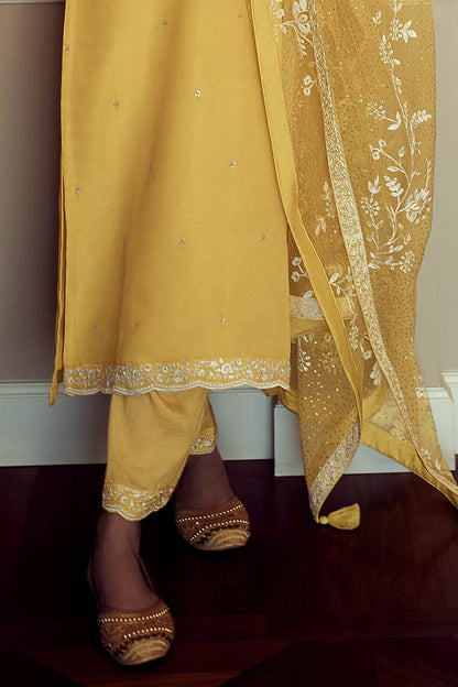 Stunning Yellow Thread Embroidered Soft Silk Salwar Suit with Dupatta