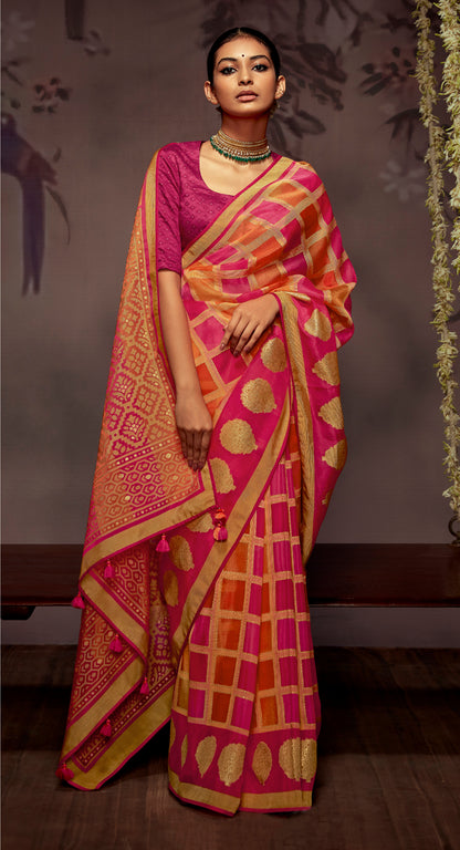 Yellow Pink Checks Designer Soft Organza Saree with Zari Border