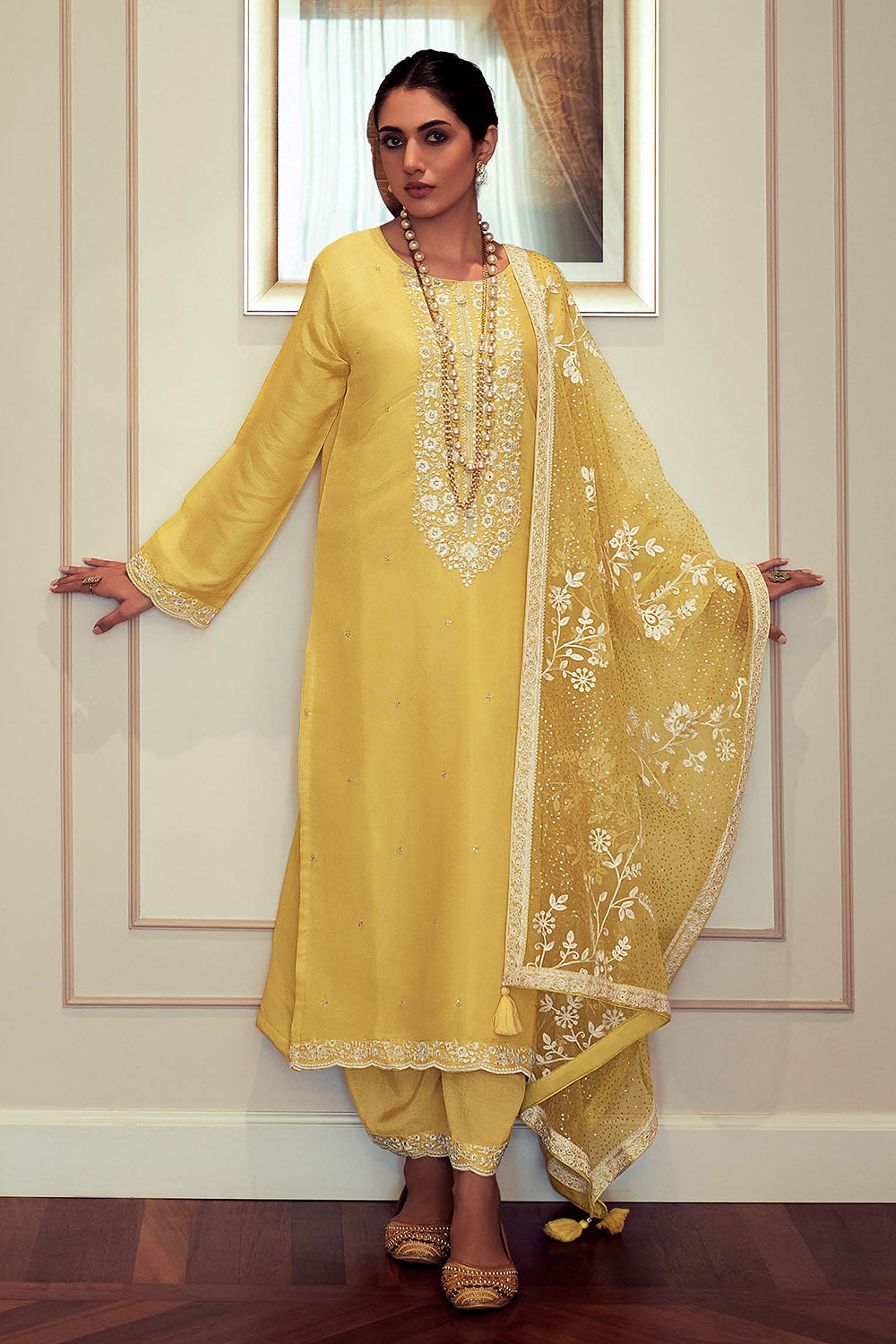 Stunning Yellow Thread Embroidered Soft Silk Salwar Suit with Dupatta