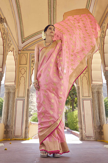 Powder Pink Designer Tussar Silk Saree Blouse for Indian Wedding Reception