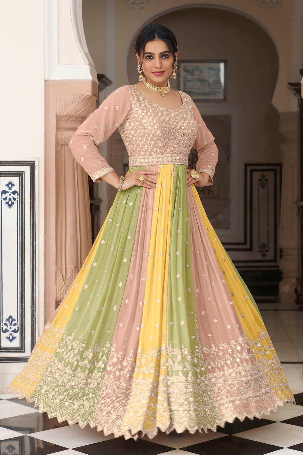 Multicoloured Anarkali Style Long Dress with Dupatta