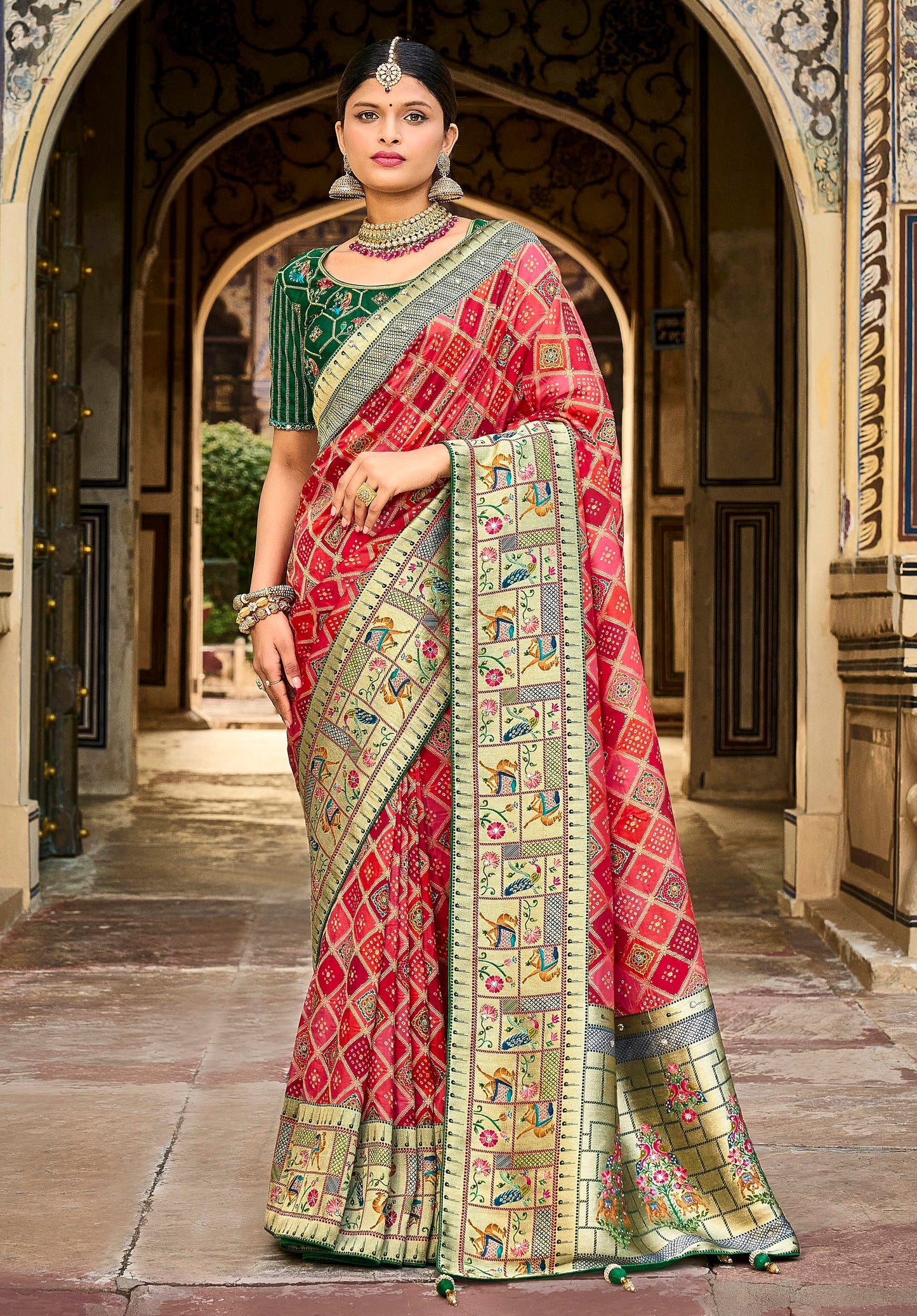 Shades of Red Designer Bandhani Saree with Skirt Bordered Woven Paithani Design on Border